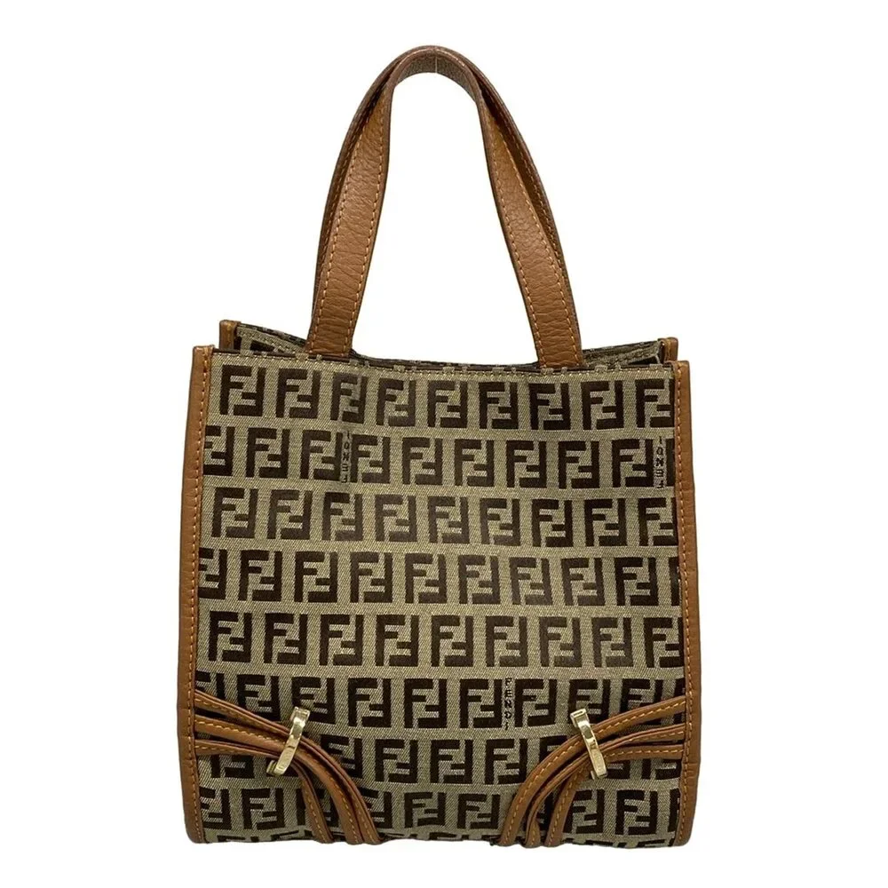 Fendi Zucchino Tote Bag 8BH170 Dark Brown Beige Brown Jacquard Leather Women's